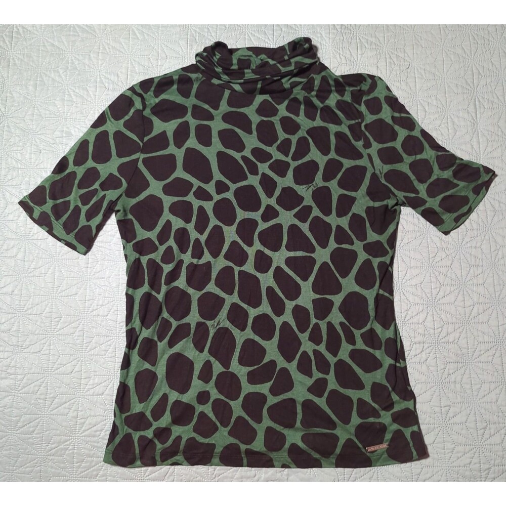 Michael Kors Green & Black Giraffe Print  Short Sleeve Turtleneck Top SZ Large